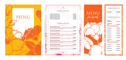 Naklejka premium Elegant food and drinks menu designs. Restaurant menu template. Beautiful vector A4 format with high quality flowers for print and online usage. Pastel hand drawn line art hibiscus illustrations.