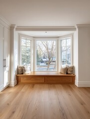 Fototapeta premium A stunning image of natural light fills an empty room with light oak flooring and white walls. A large bay window features a cozy wooden seat, creating a warm and inviting.