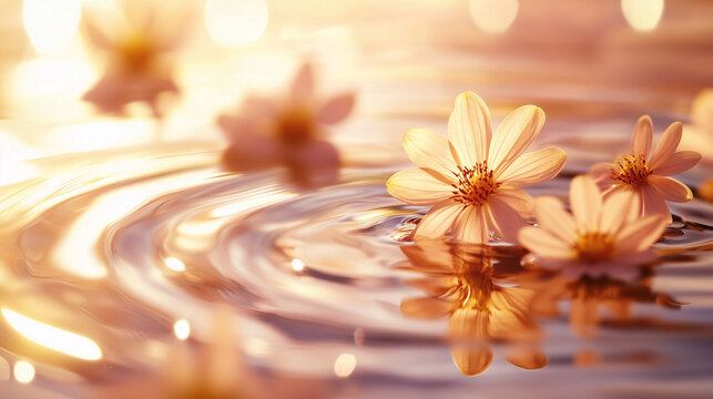 Clear water droplet swirl ripple surface with blooming pink flowers in a pond with dreamy light background.