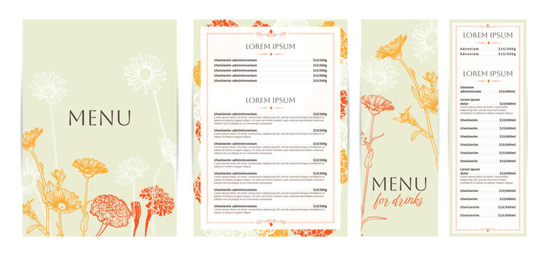 Elegant food and drinks menu designs. Restaurant menu template. Beautiful vector A4 format with high quality flowers for print and online usage. Saturated hand drawn line art marigold illustrations.