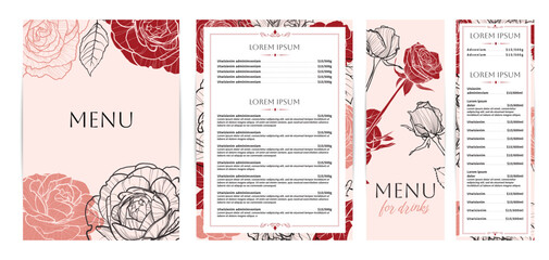 Elegant food and drinks menu designs. Restaurant menu template. Beautiful vector A4 format with high quality flowers for print and online usage. Saturated hand drawn line art red roses illustrations.