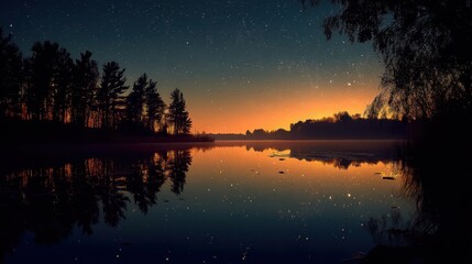Fototapeta premium A still lake at night with stars reflecting on the surface and silhouettes of trees along the shore