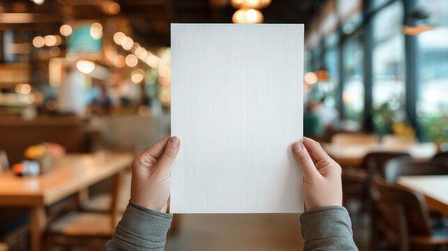 A stunning image of person holds blank restaurant menu mock-up. Empty paper sheet ready for menu design. Cafe interior blurred background. Person potentially graphic designer.