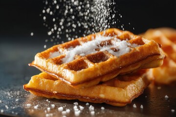 Golden waffles dusted with powdered sugar, creating a tempting breakfast scene.