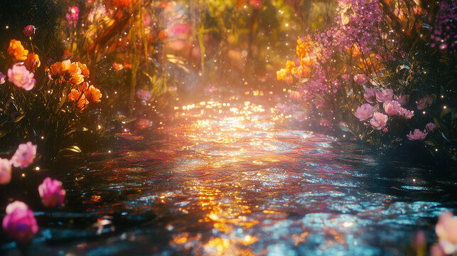 Beam of light shine through forest trees flowers create a dreamy magical fantasy scene.