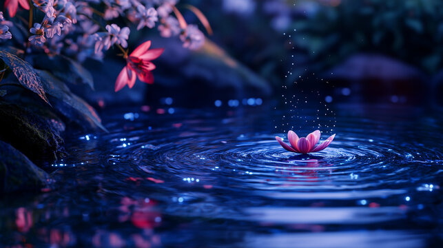 Blooming pink lotus flowers in a pond, calm and soothing night scenery background.
