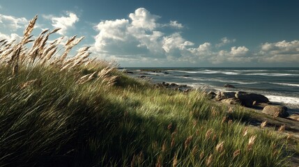 A tidal marsh with long grasses swaying in the sea breeze