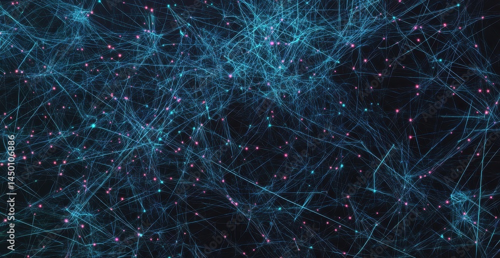 Poster abstract network of interconnected points and lines, teal and pink hues on dark background. detailed