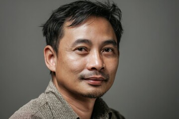 Fototapeta premium A close-up studio portrait features an asian man with a relaxed, yet serious expression.