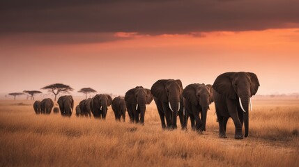 Fototapeta premium A herd of elephants walking through a grassy plain during sunset