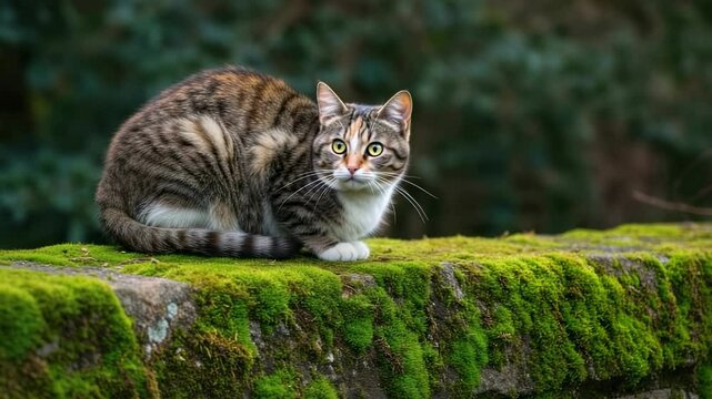 A curious cat crouches on a moss-covered stone wall in a lush green environment, observing its surroundings - calico tabby