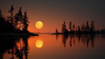 A full moon rising above a calm lake with silhouettes of trees
