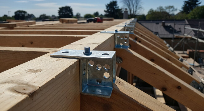 Wooden rafters secured with metal brackets on a sunny day  