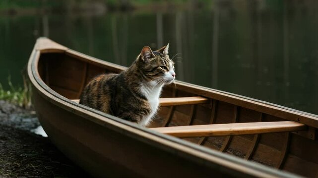 A serene cat sitting in a wooden canoe by a tranquil lake surrounded by lush greenery - calico tabby