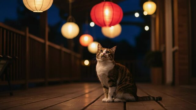 A serene cat gazes upward on a wooden porch adorned with colorful lanterns during twilight - calico tabby