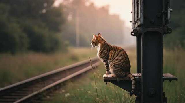 A serene tabby cat perched on a railway signal post, gazing down a tranquil train track at sunset - calico tabby