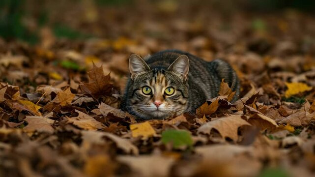 A focused cat camouflaged among autumn leaves in a tranquil forest setting, showcasing nature's beauty - calico tabby