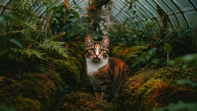 A serene tabby cat sitting amidst lush greenery in a tranquil greenhouse filled with plants - calico tabby