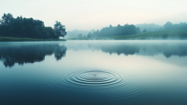 Clear mineral water ripple in a lake with misty forest mountain background.