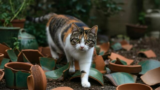 Playful cat exploring a garden filled with broken flower pots, surrounded by greenery and plants - calico tabby