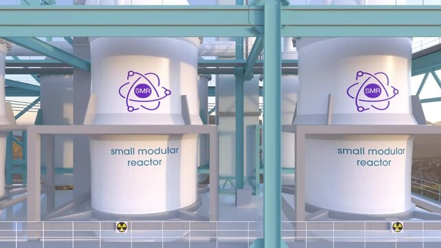 concept of a SMR small modular nuclear reactor power plant on a sunny day. SMR is a future energy concept. 3d rendering.