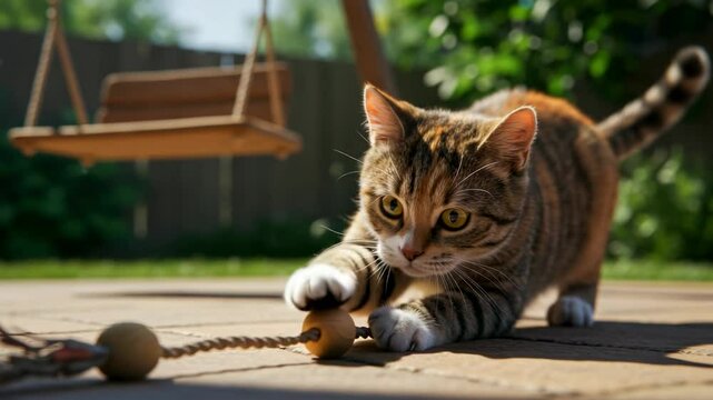 Playful tabby cat engaging with a wooden toy on a sunny day in a backyard with a swing - calico tabby