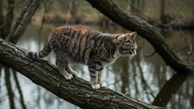 A tabby cat carefully balances on a tree branch over a serene pond, surrounded by nature - calico tabby