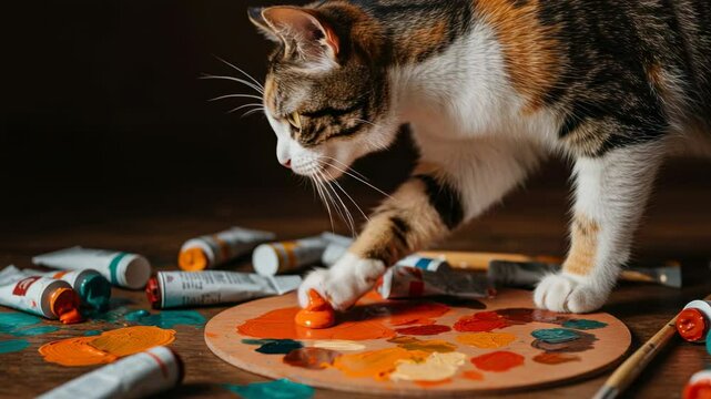 Playful cat exploring vibrant paint colors on a palette with scattered tubes in a cozy studio - calico tabby