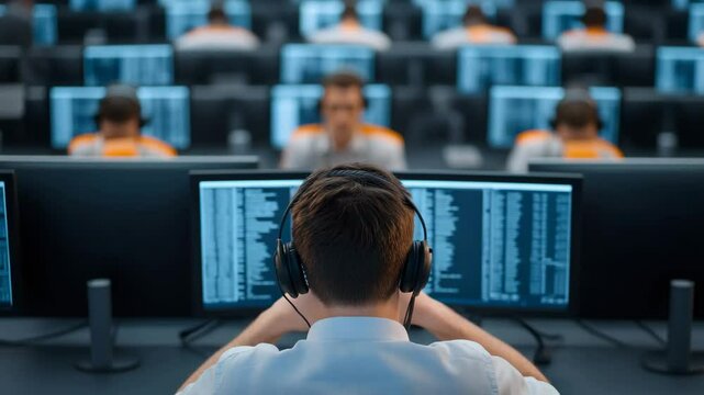 Control room with operators monitoring data on multiple screens, control room setup with headphones and monitors, futuristic control room with control room lighting and control room operators