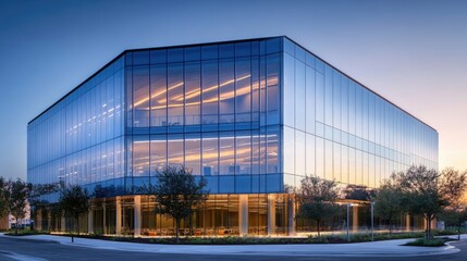 Modern, glass-fronted commercial building at twilight.