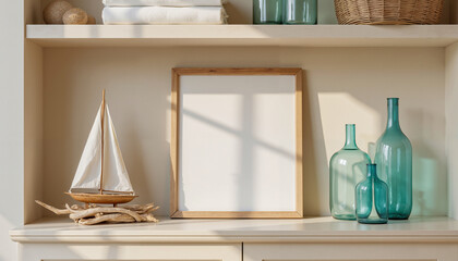 Elegant coastal decor illuminates a serene space with soft morning light and stylish nautical elements