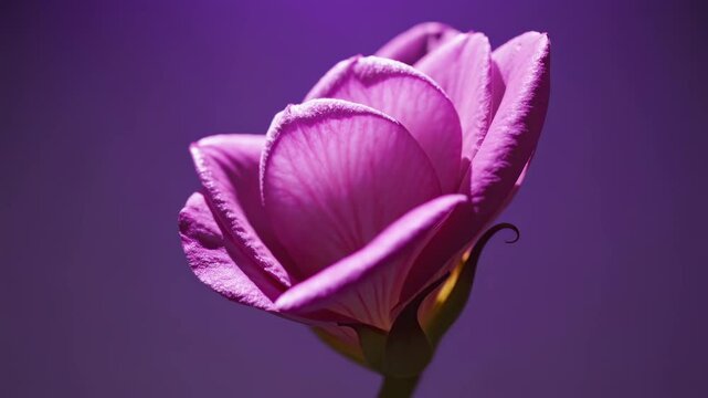 Pink eustoma flower opens on purple violet background, soft lighting, emotion, sensitive fragility, romance, tenderness, delicate beauty, blooming uniqueness