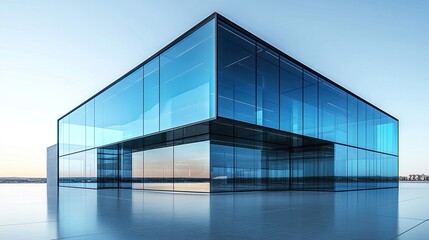 Modern glass office building against a clear sky.
