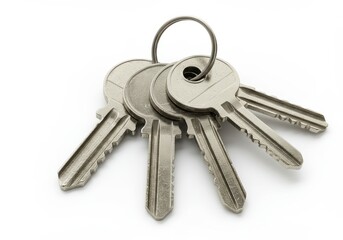 Bunch of silver keys with ring on white background