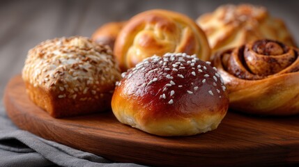 Assorted baked pastries on a wooden tray featuring glossy buns and cinnamon rolls.