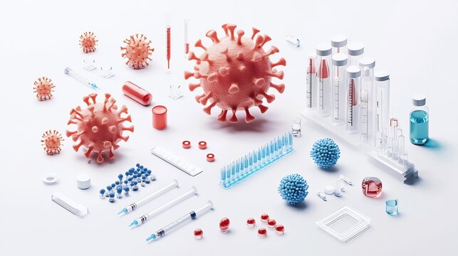 Comprehensive representation of virology field symbolic virus host interaction lab equipment immune response model arranged minimal clean layout sterile white background no text educational visual