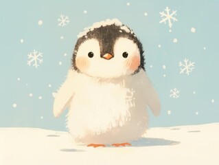 Obraz premium Adorable baby penguin stands in the snow while snowflakes gently fall