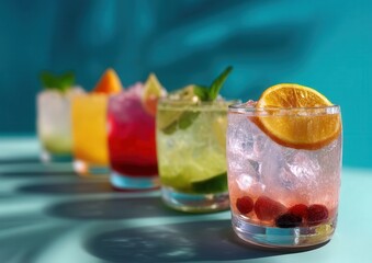 Vibrant cocktails with fresh fruits and herbs against a teal background for a refreshing vibe.
