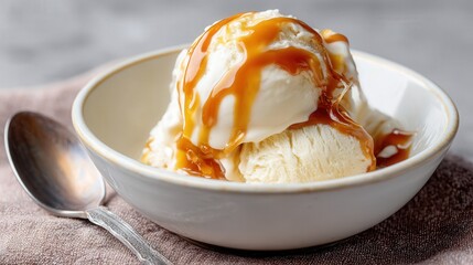 Vanilla ice cream drizzled with rich caramel sauce in a ceramic bowl, with a spoon beside it.