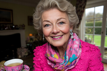 Elderly woman enjoys tea and smiles while looking out a window in a cozy room during afternoon