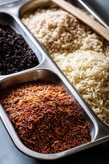 Close-up shot of various types of rice, showcasing different colors and textures in a metal container.