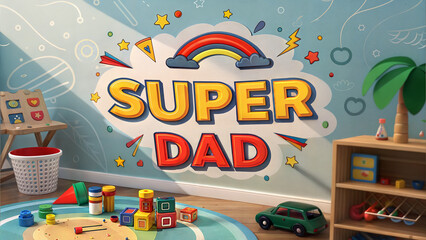 Super Dad mural in playful children's room decor  