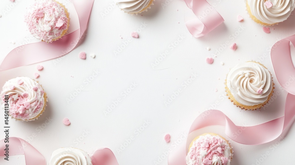 Poster clean white backdrop with soft pink ribbon-like patterns, creating a sweet, professional yet adorabl