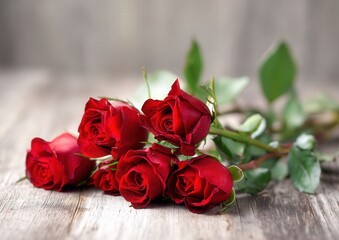 A bouquet of vibrant red roses lies beautifully on rustic wooden planks.