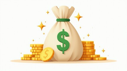 Cartoon money bag with dollar sign and gold coins sparkling illustration