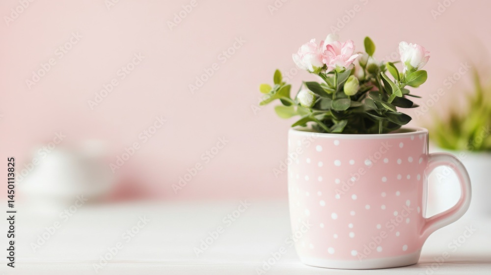 Poster minimal white background with soft pink polka dots, creating a cute and cheerful presentation layout