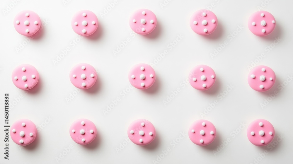 Poster minimal white background with soft pink polka dots, creating a cute and cheerful presentation layout