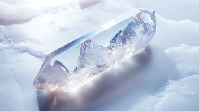 Sparkling Lemurian crystal macro mineral stone placed on a smooth white surface with delicate lighting