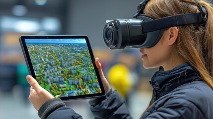 Woman exploring simulated city using tablet and VR headset
