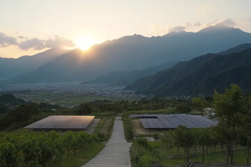 Solar panels harnessing energy amidst natural beauty at sunset in mountainous region